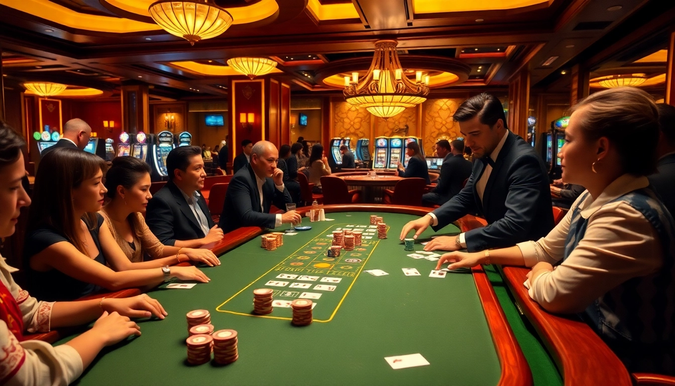 Engaging players enjoy a thrilling game of แบล็คแจ็ค Evolution สด at a luxury casino table.