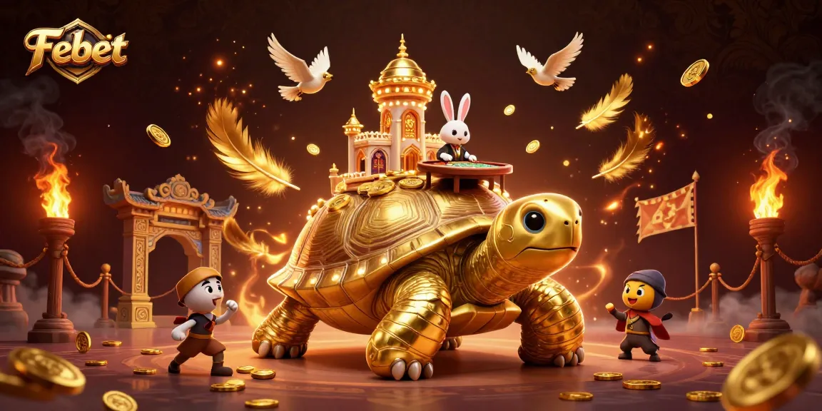 Experience thrilling gameplay with Febet's unique casino scene featuring a golden tortoise and a rabbit dealer.