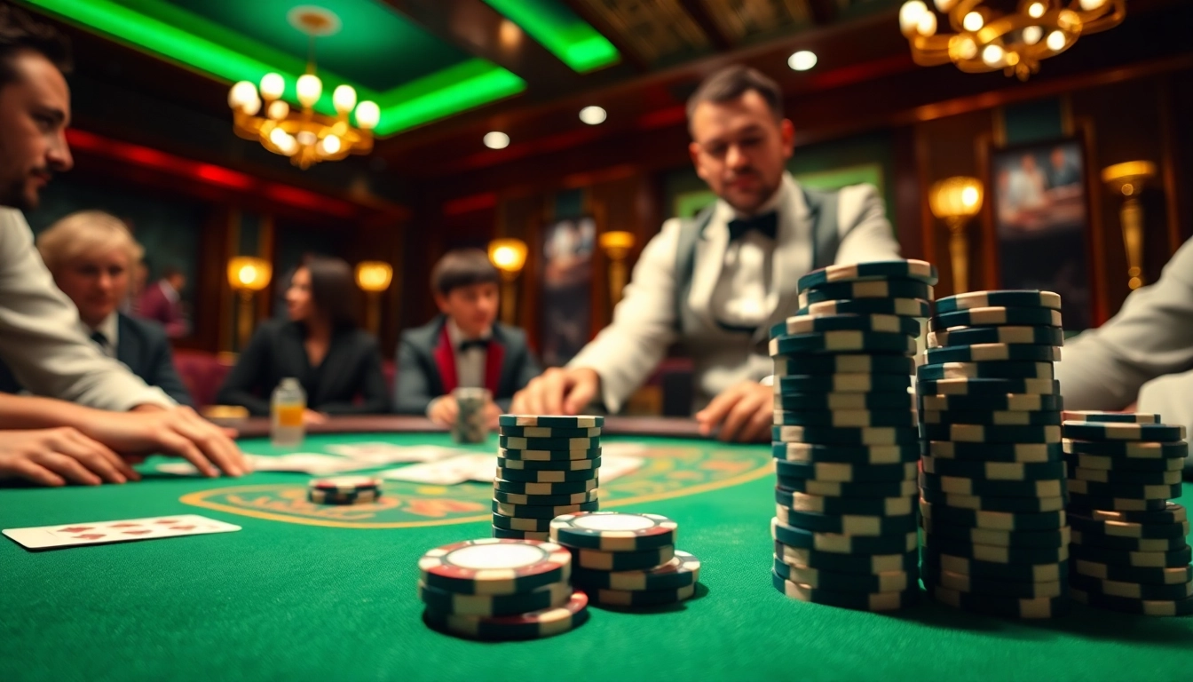 Intense poker game action with players strategizing and chips in focus at a casino table.