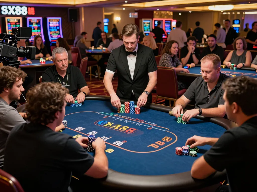 SX88 poker players in action during a high-stakes tournament with vibrant atmosphere.