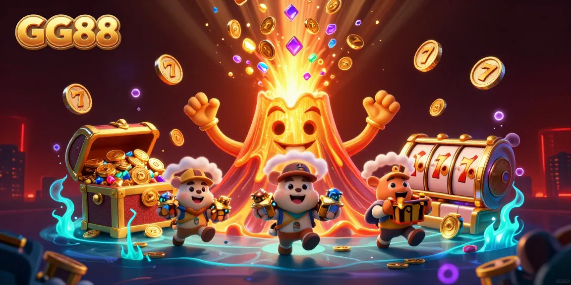 Experience GG88's thrilling gaming adventure with golden volcano, treasures, and slot games galore.