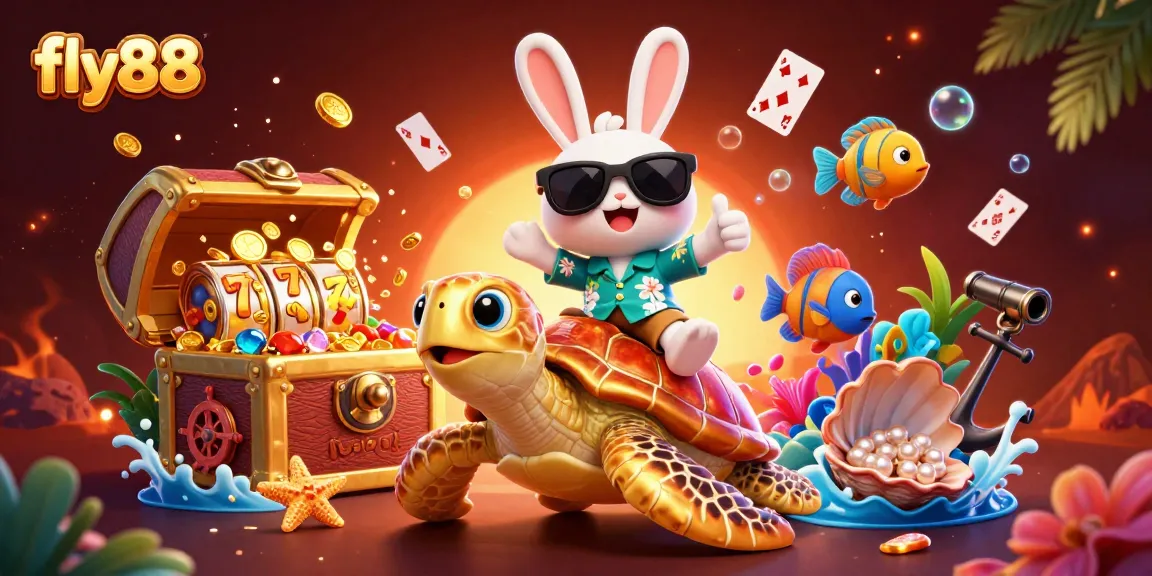 Experience jackpots and thrills with fly88 in this vibrant tropical casino scene illustration!
