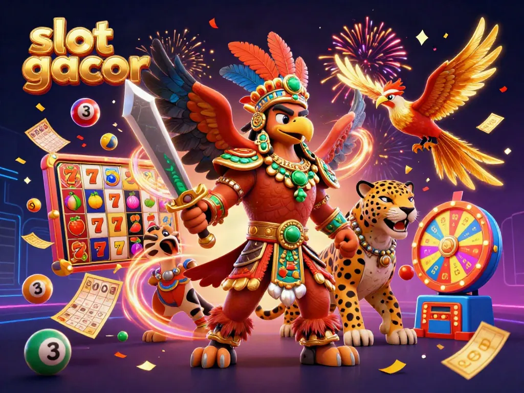 Engage with slot gacor through a dynamic Aztec warrior scene filled with vibrant casino elements.