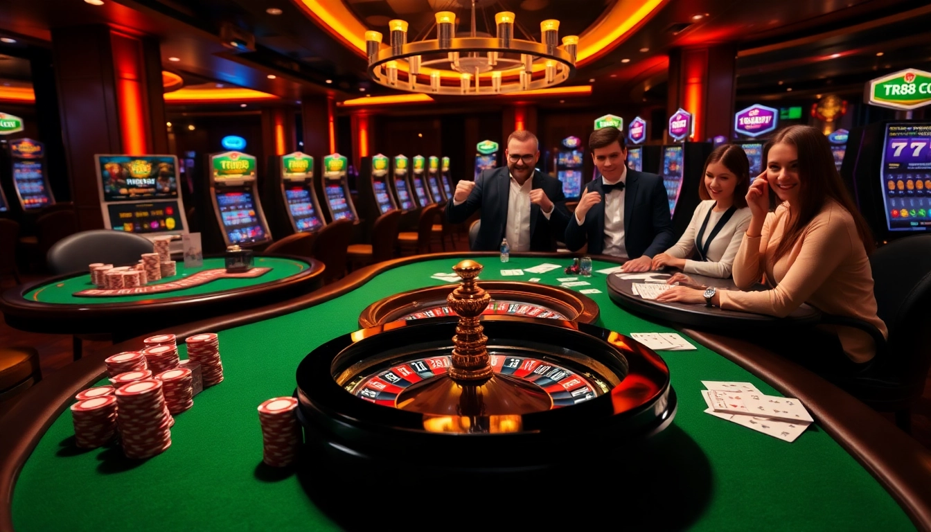 Experience the thrill of gambling at TR88 COM with vibrant casino tables and excited players enjoying poker.