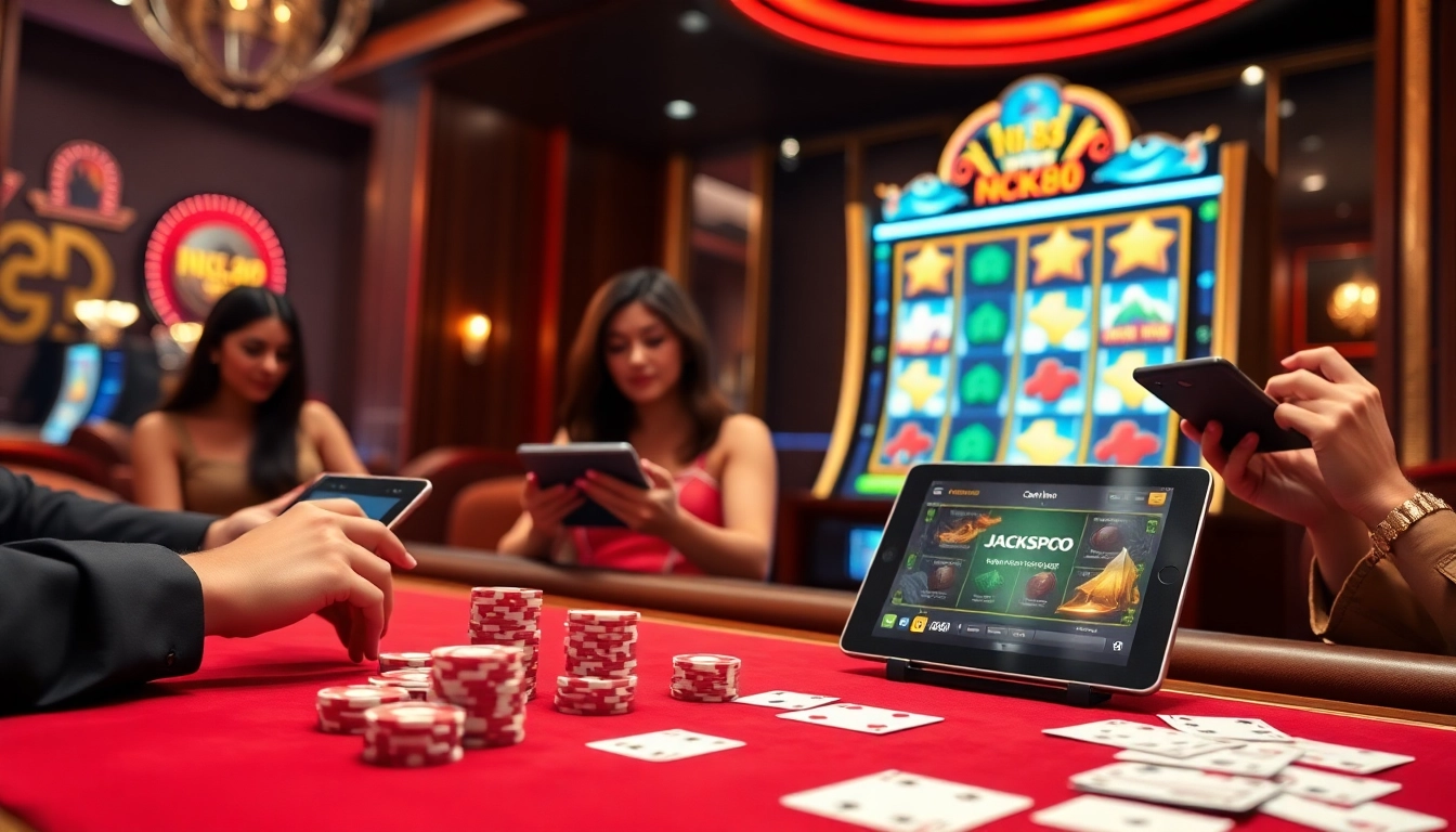 Experience the thrill of NK88 online gambling with vibrant scenes of casino tables and digital slot machines.