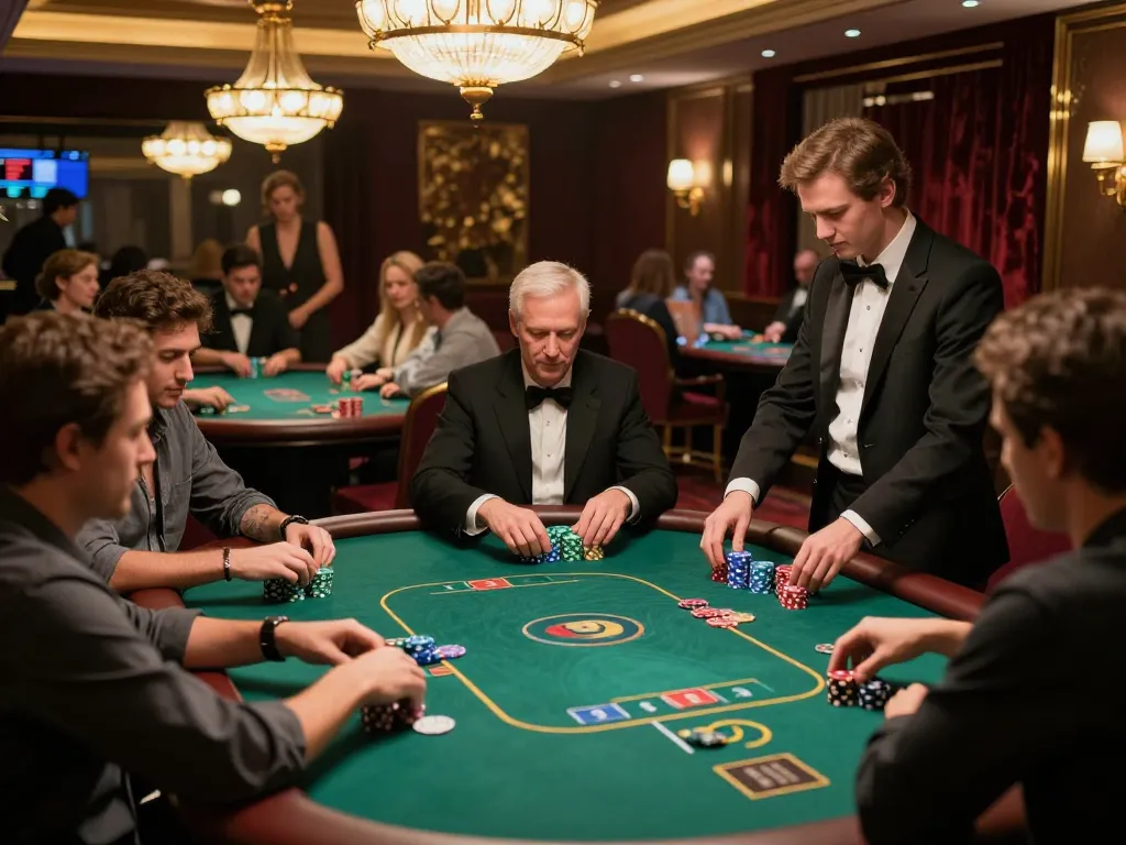 Players engaging in high-stakes poker at Nhà cái ok88386 casino, showcasing strategic gameplay and vibrant atmosphere.