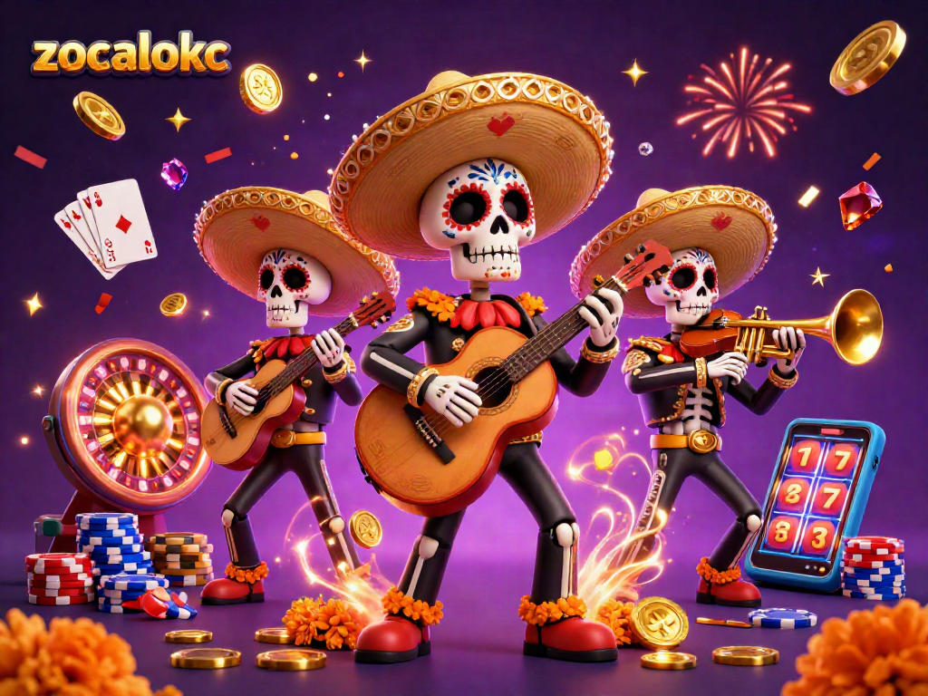 Experience the excitement at zocalokc with a vibrant 3D illustration of a mariachi band surrounded by casino elements.