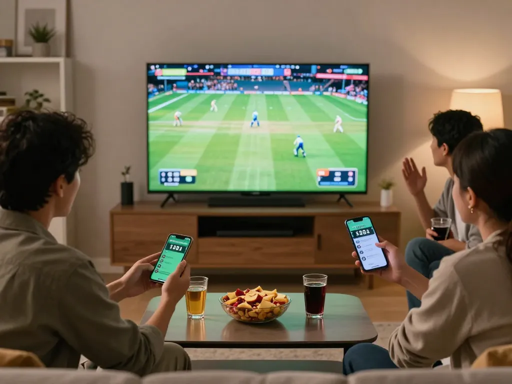 Friends enjoying sports betting on Jeetbuzz 88 app while watching live cricket match.
