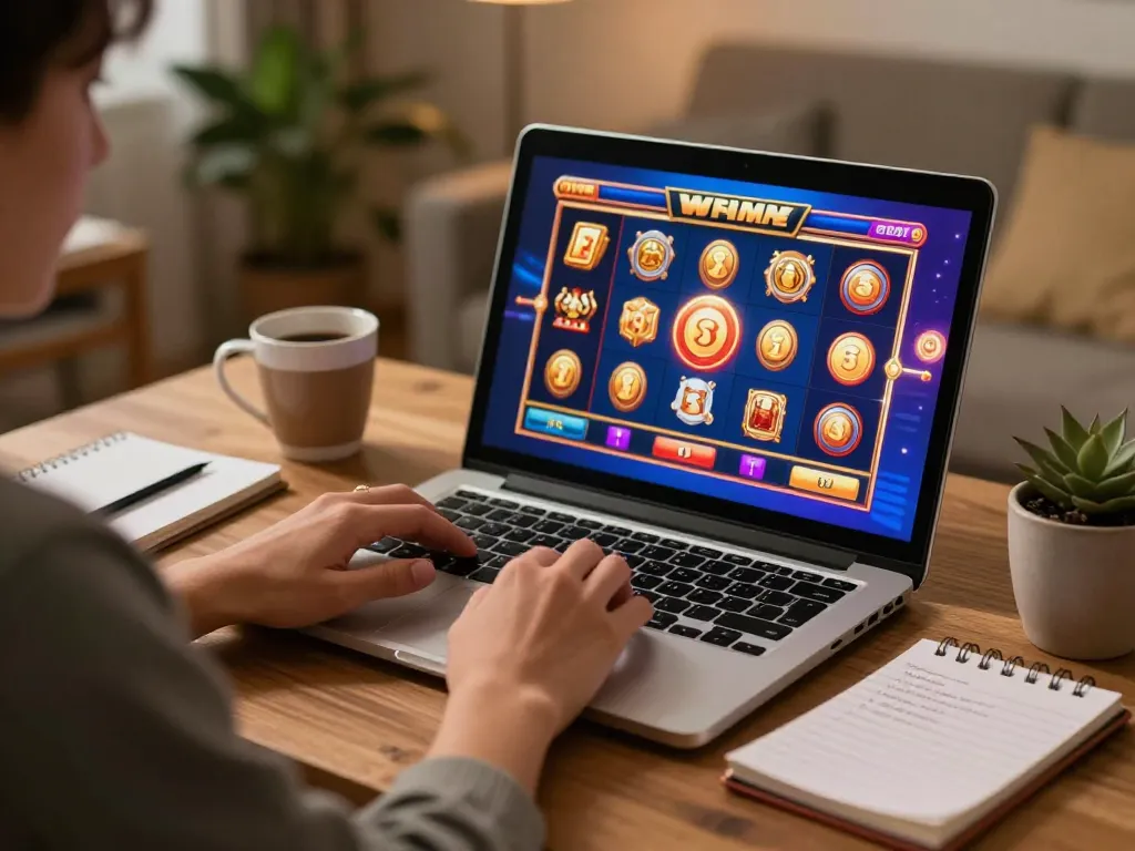 Engaging scene of a player enjoying slot online game on a laptop at home, highlighting a cozy and strategic atmosphere.