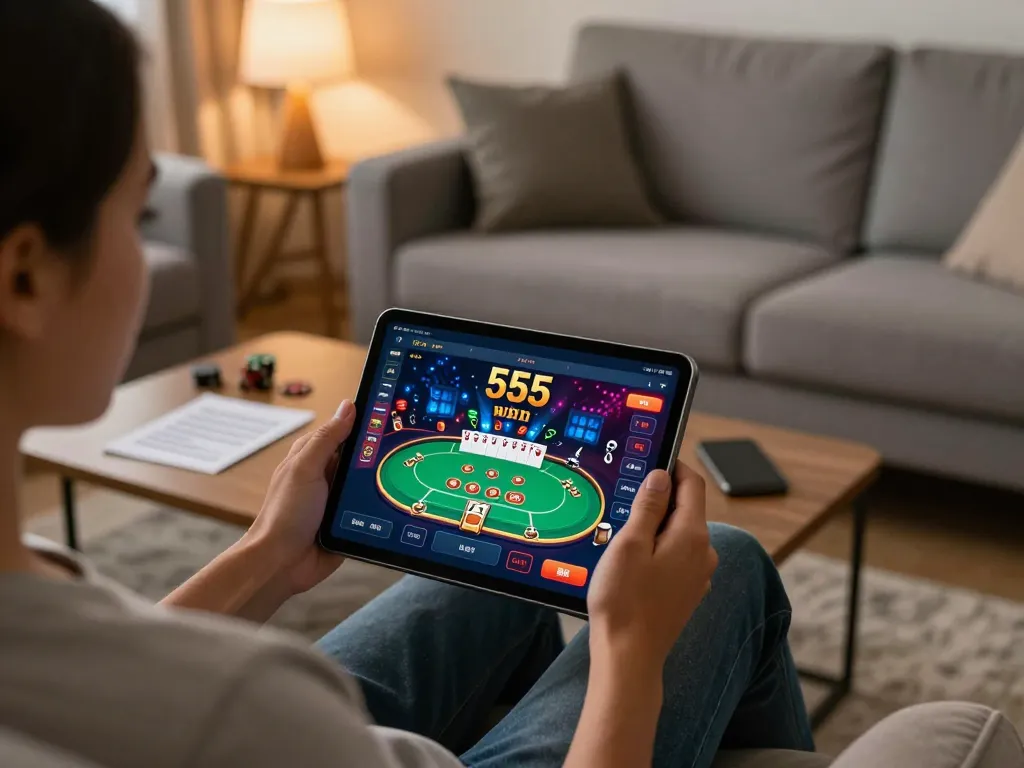 The app 555win displays an exciting poker game on a cozy home gaming setup, showcasing relaxed and responsible gambling.