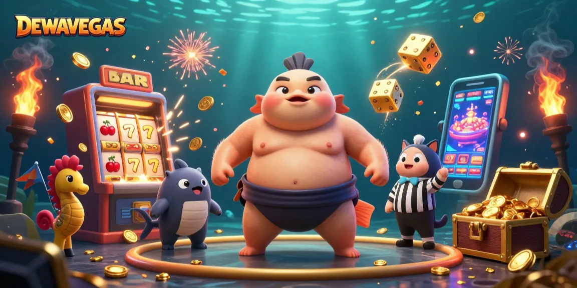 DewaVegas showcases exciting gameplay with a vibrant underwater casino atmosphere featuring a fugu and slot machine.