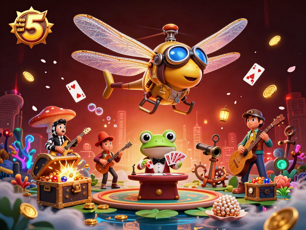 Engage in thrilling gambling action with keo nha cai 5 as a dragonfly pilot hovers over a lily pad casino.