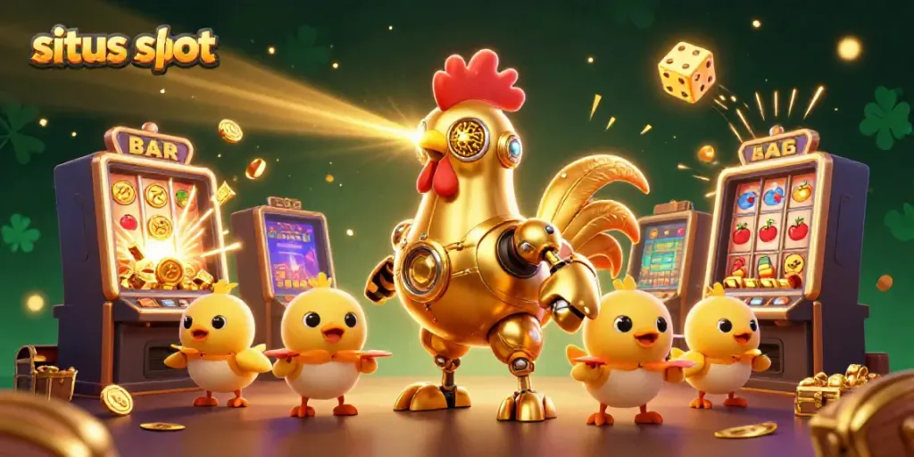 Experience thrilling wins at situs slot with a vibrant 3D scene featuring a futuristic rooster robot and exciting casino elements.