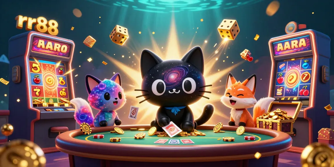 rr88 cat winning jackpots at a cosmic casino table with vibrant illustrations