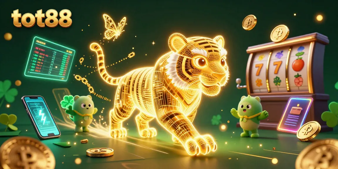 Experience the thrill of tot88 with a vibrant 3D casino illustration featuring a golden tiger and crypto elements.