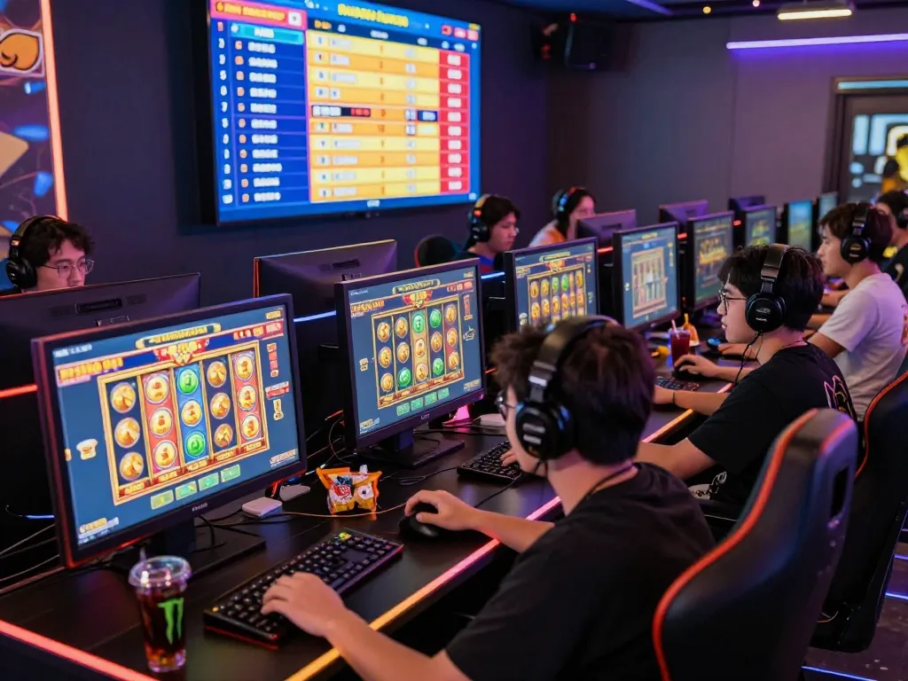 Engaged players enjoying link gacor slot games in a vibrant online gaming hub with colorful displays.