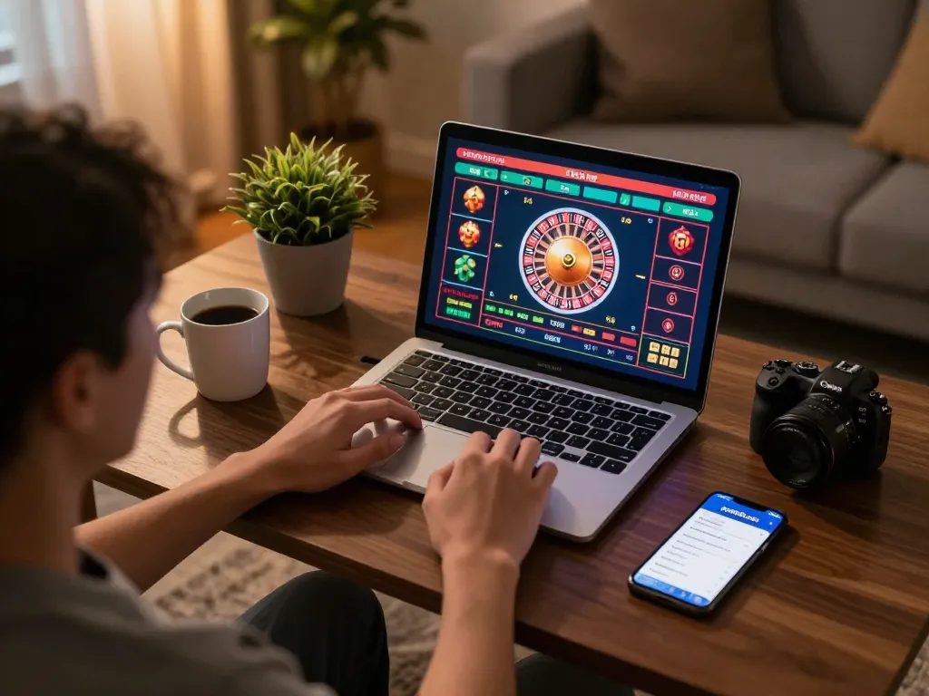 Player engaging in live casino game on open88.com with laptop and smartphone in cozy home setting