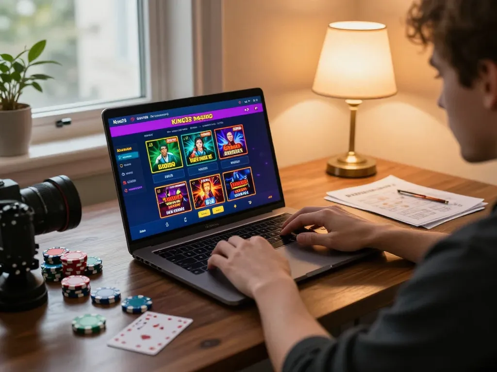 Engaging in King33 online gaming at home with colorful casino interface displayed.