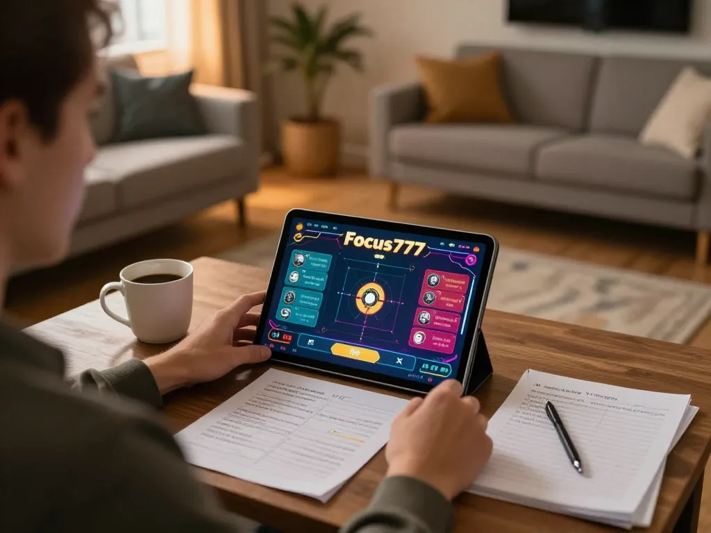 Fokus777 player engaging in online gambling from home, showcasing strategic gameplay.