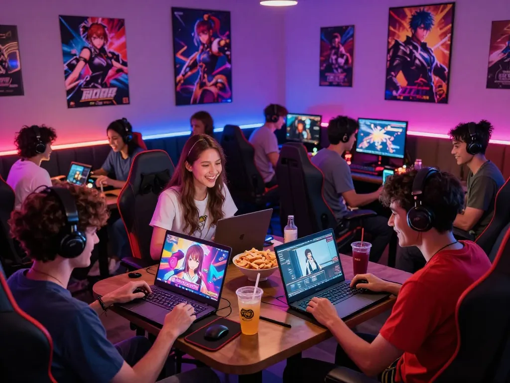 Engaged gamers playing different porngames in a vibrant lounge, showcasing interactive sex simulators on laptops.