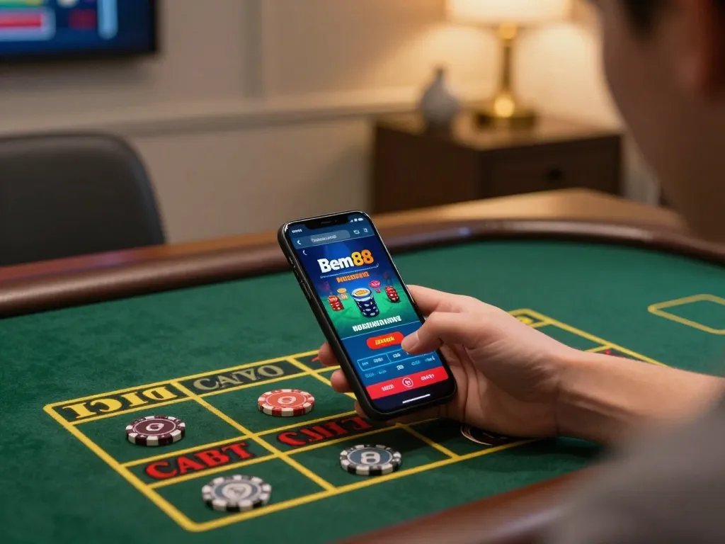 Player using bem88 mobile app for live dealer games in a cozy home setting.