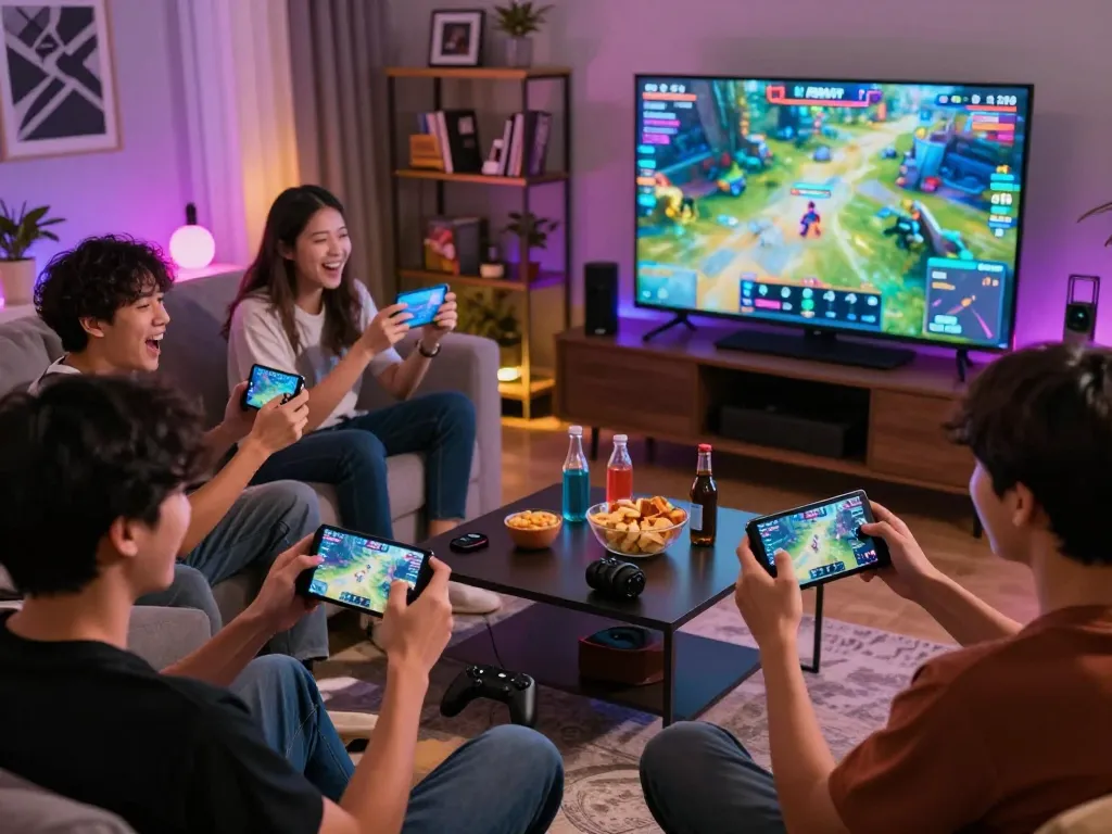 Group of gamers enjoying the Panen178 game on mobile devices at home, showcasing an exciting gaming atmosphere from https://www.achildsdreamnursery.com/.