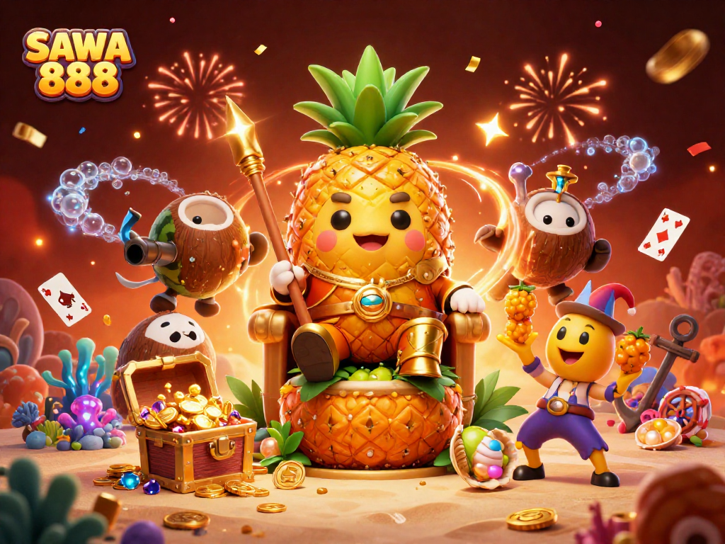 Experience thrilling wins with SAWA 888's vibrant 3D gaming scene featuring exciting characters and elements.