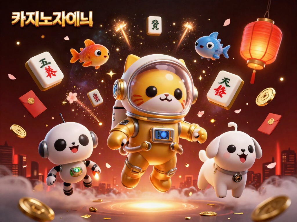 카지노사이트에서 우주 고양이와 로봇 개가 함께하는 황금 우주 일러스트