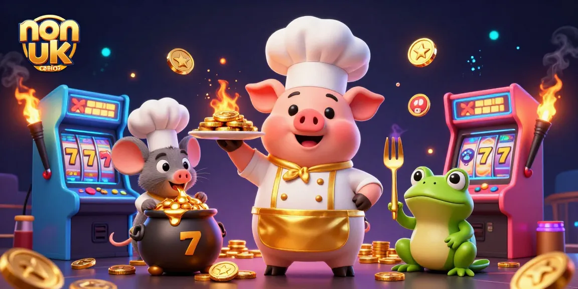 Experience excitement at a non uk casino with a playful chef and vibrant gaming elements.