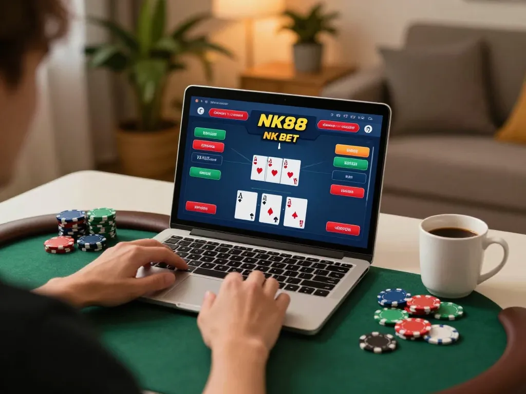 Engaging in NK88 BET online poker while enjoying a cozy home setting.