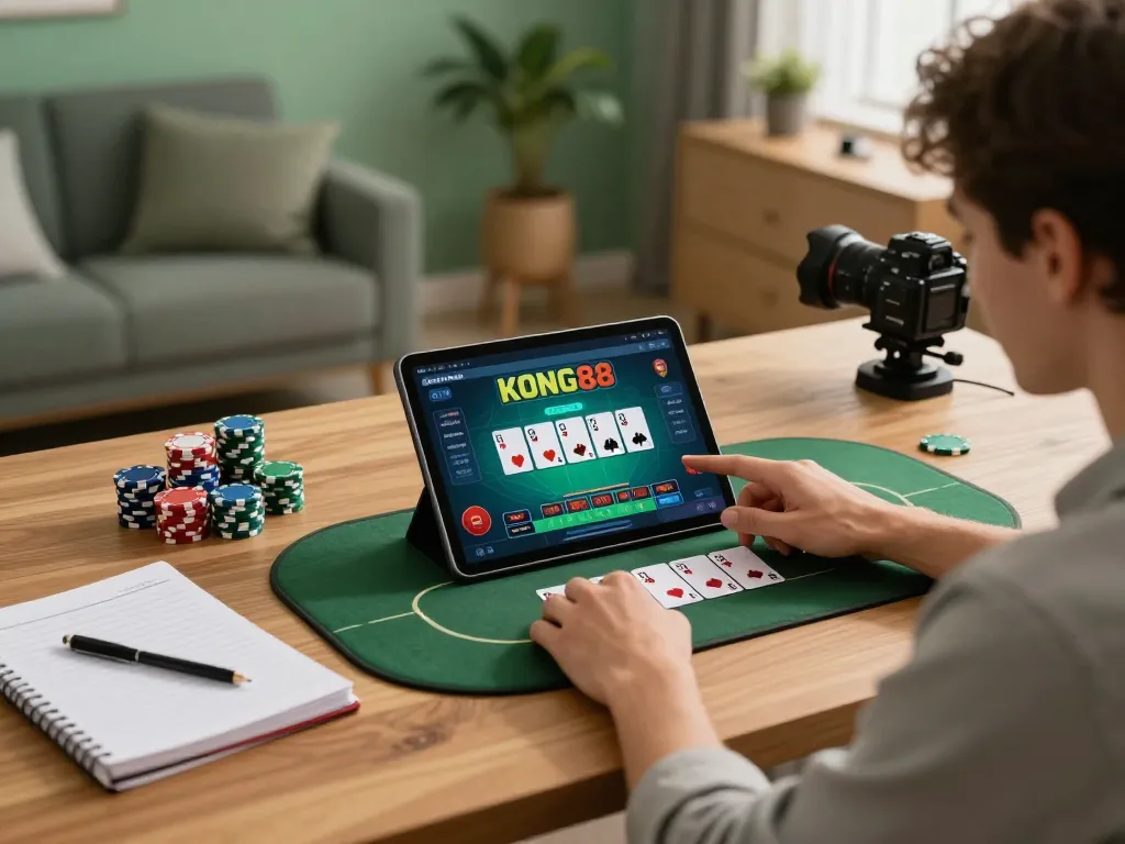 KONG88 player engaged in a thrilling online poker game at home, showcasing strategy and excitement during gameplay.