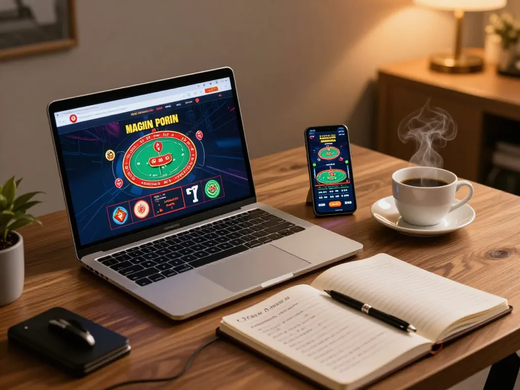 Player engaging in online gaming with lsa app on laptop and smartphone at a cozy home office.
