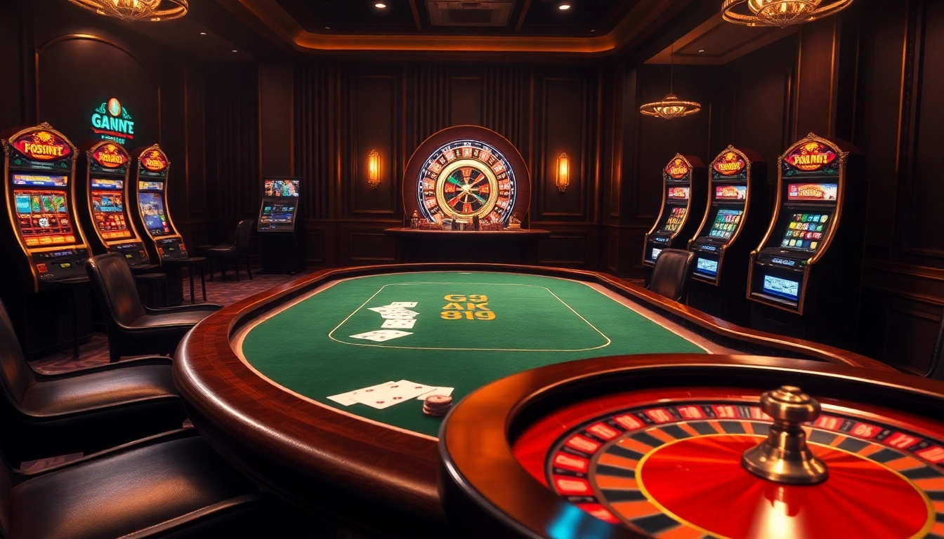 Gambling action at ga6789 casino with vibrant slot machines and a high-stakes poker table.