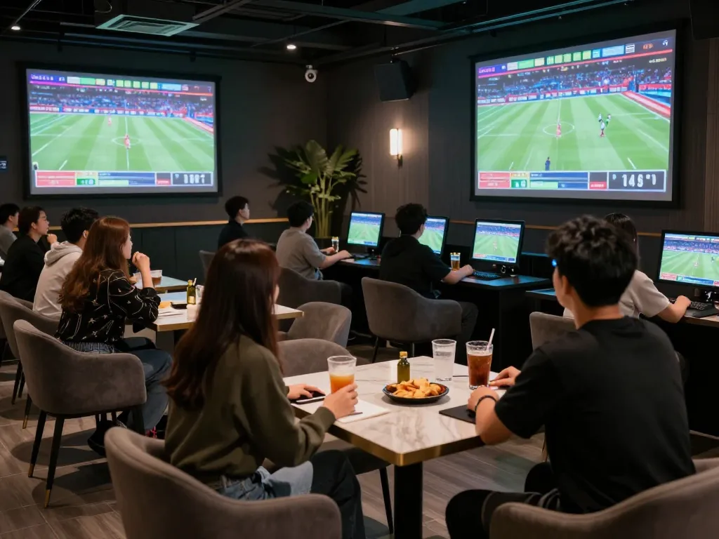 Patrons placing bets and engaging in sports viewing inside a chic sports betting lounge, highlighting tin soi kèo in action.
