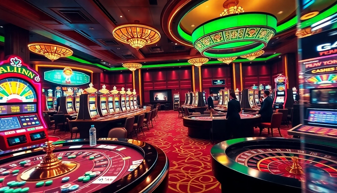 Exciting gameplay featuring nohu90 nohu52 at a vibrant casino with slot machines and poker tables.