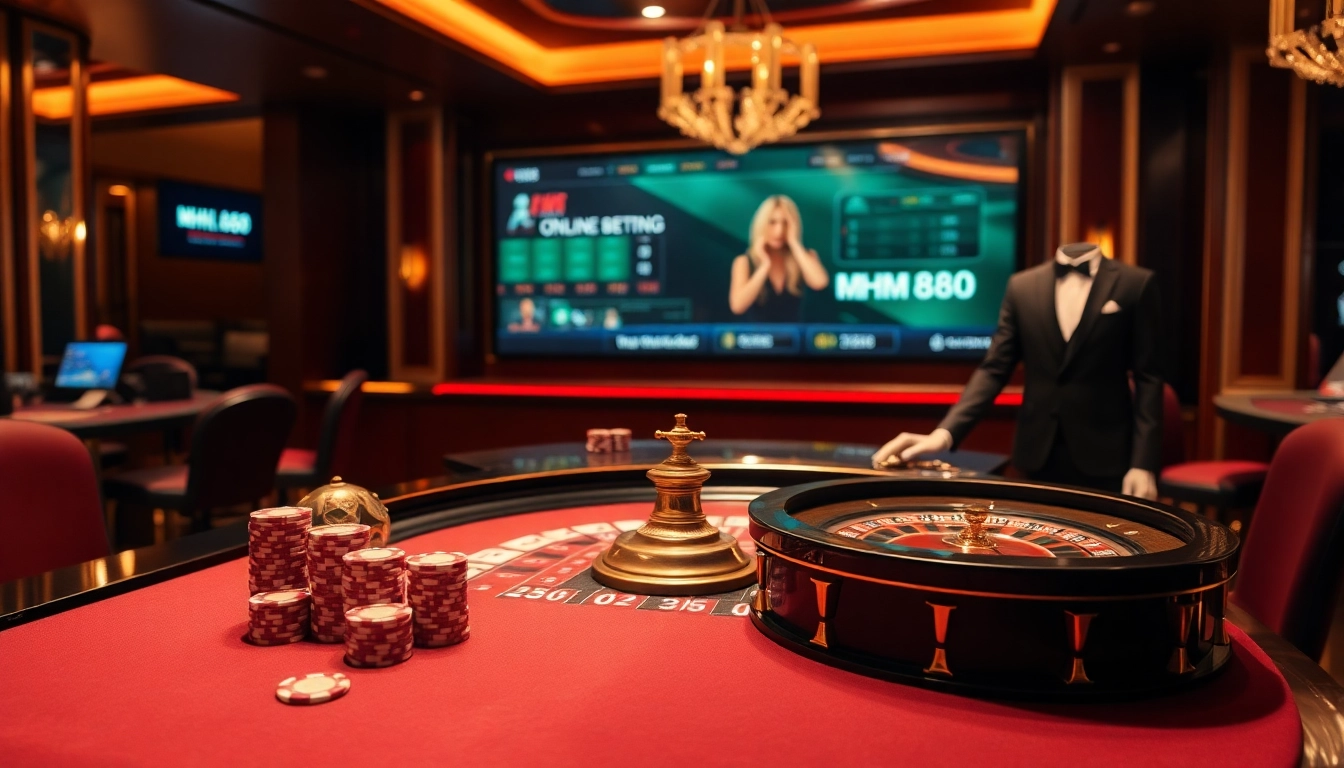 Experience excitement at NHÀ CÁI MM88 with an elegant casino table and vibrant gaming accessories.