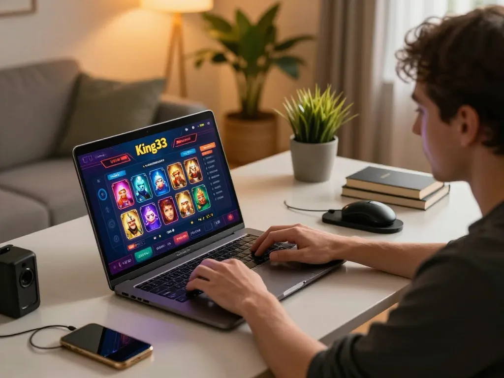 Engaging gaming moment at King33 online casino, showcasing user interacting with mobile app for a fun and strategic experience