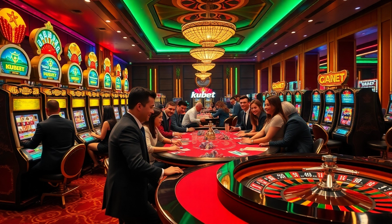 Experience the thrill of kubet casino with players enjoying vibrant games at elegant tables and machines.