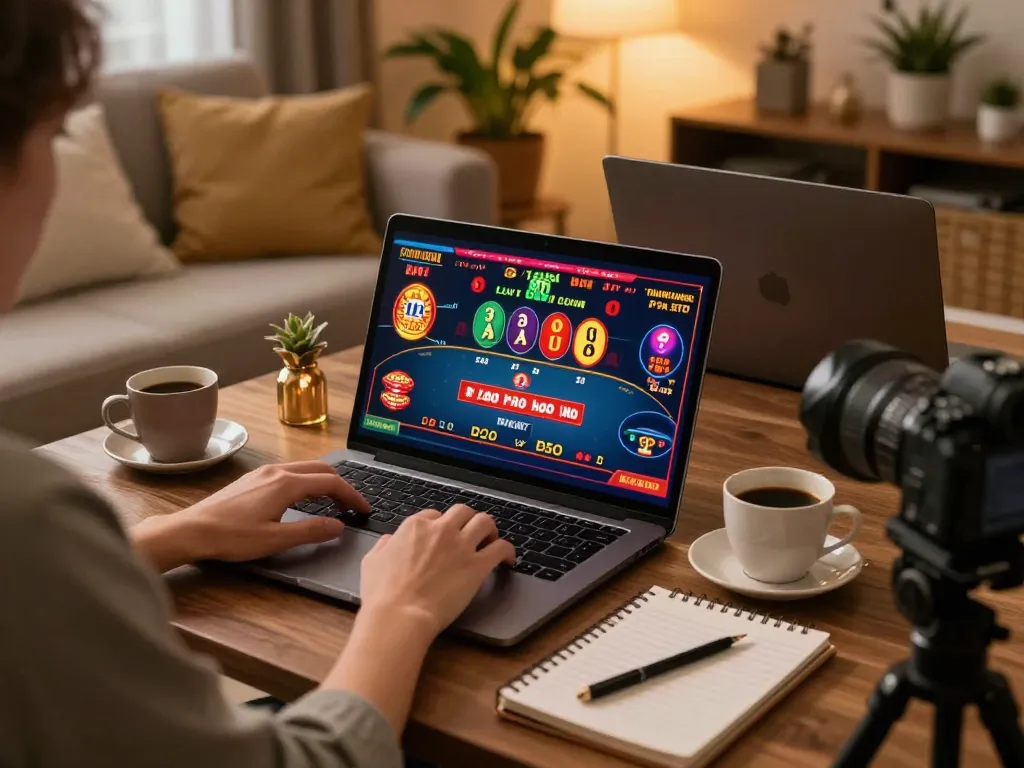 Enjoying fun88 games on a laptop, surrounded by cozy decor and betting notes.