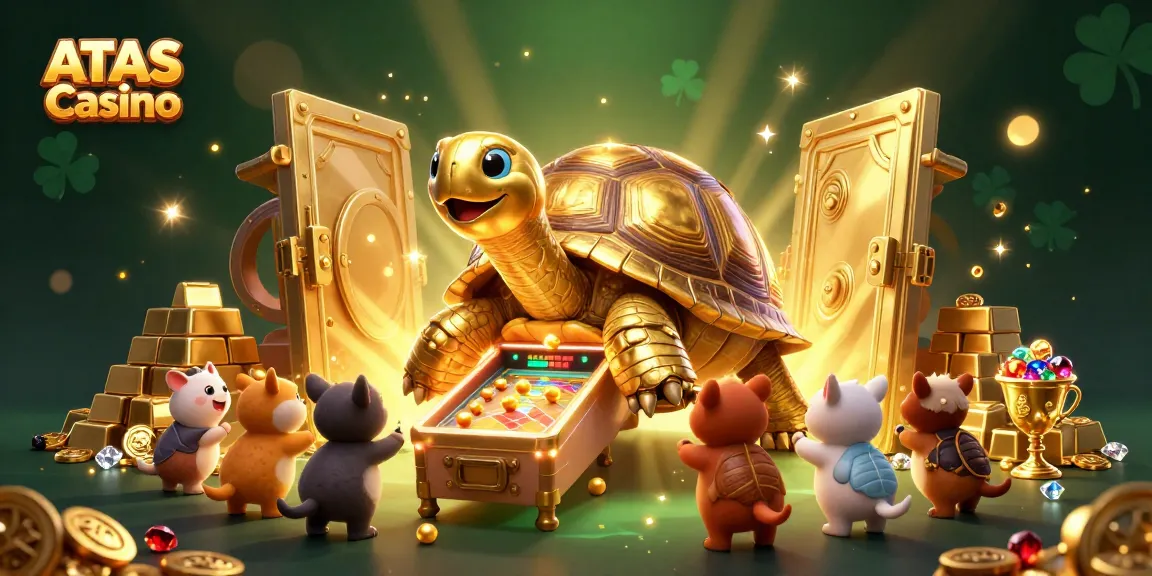Experience excitement at ATAS Casino with a vibrant 3D illustration featuring a colossal tortoise and treasures.