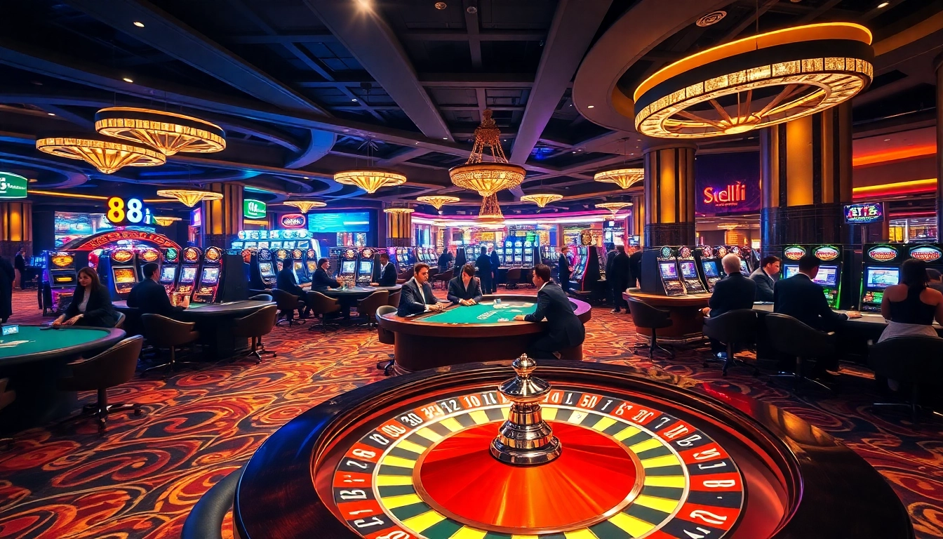 Players enjoying a thrilling game at 88i casino with vibrant tables and slot machines.