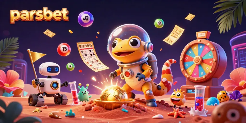Parsbet ile gerçekleştirilen kazanç dolu bir şans oyunu sahnesi, 3D karikatür gecko ve uzay giysi ile.