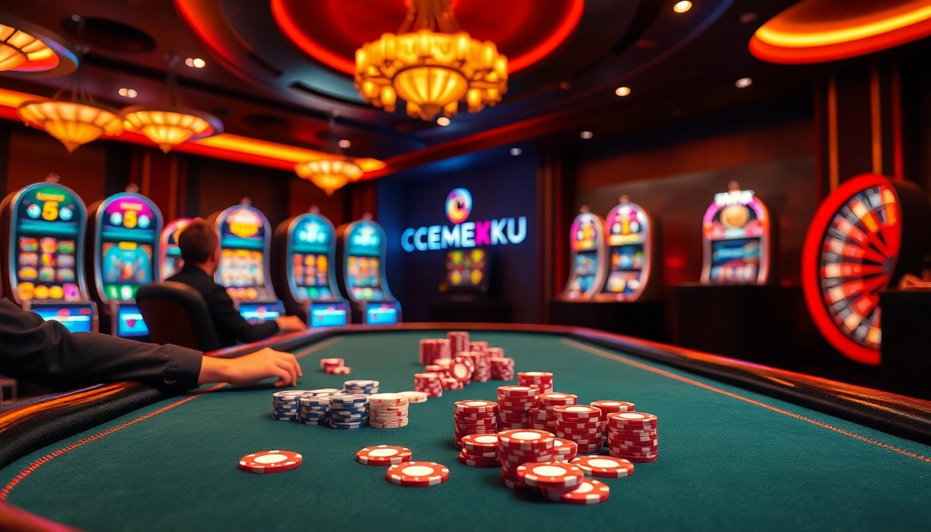 Cemeku poker players strategizing at a luxurious table in an exciting online gambling environment.