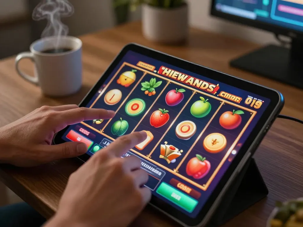 Player enjoying the badak178 online slot experience on a tablet, colorful game reels in action, cozy home setting.