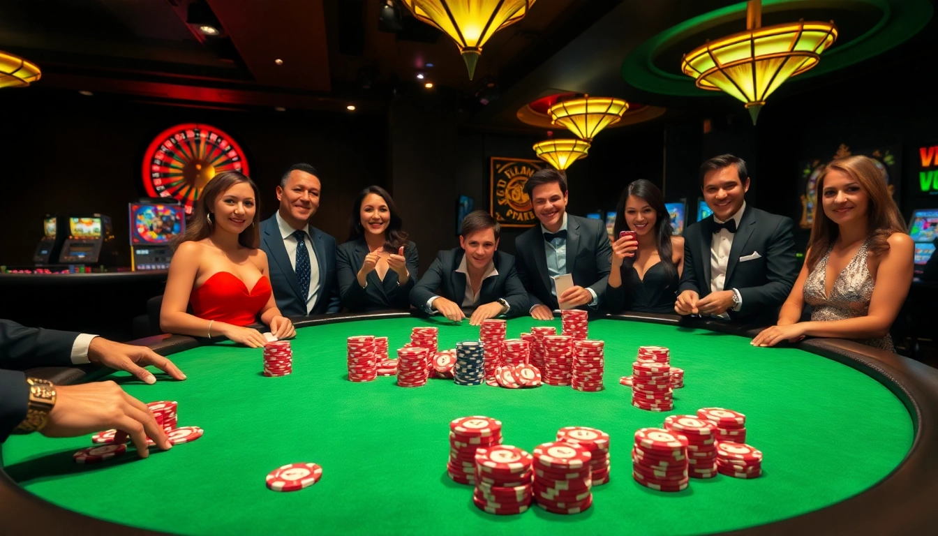 Gamblers placing bets at a high-stakes poker table featuring 5Z777 chips and cards.