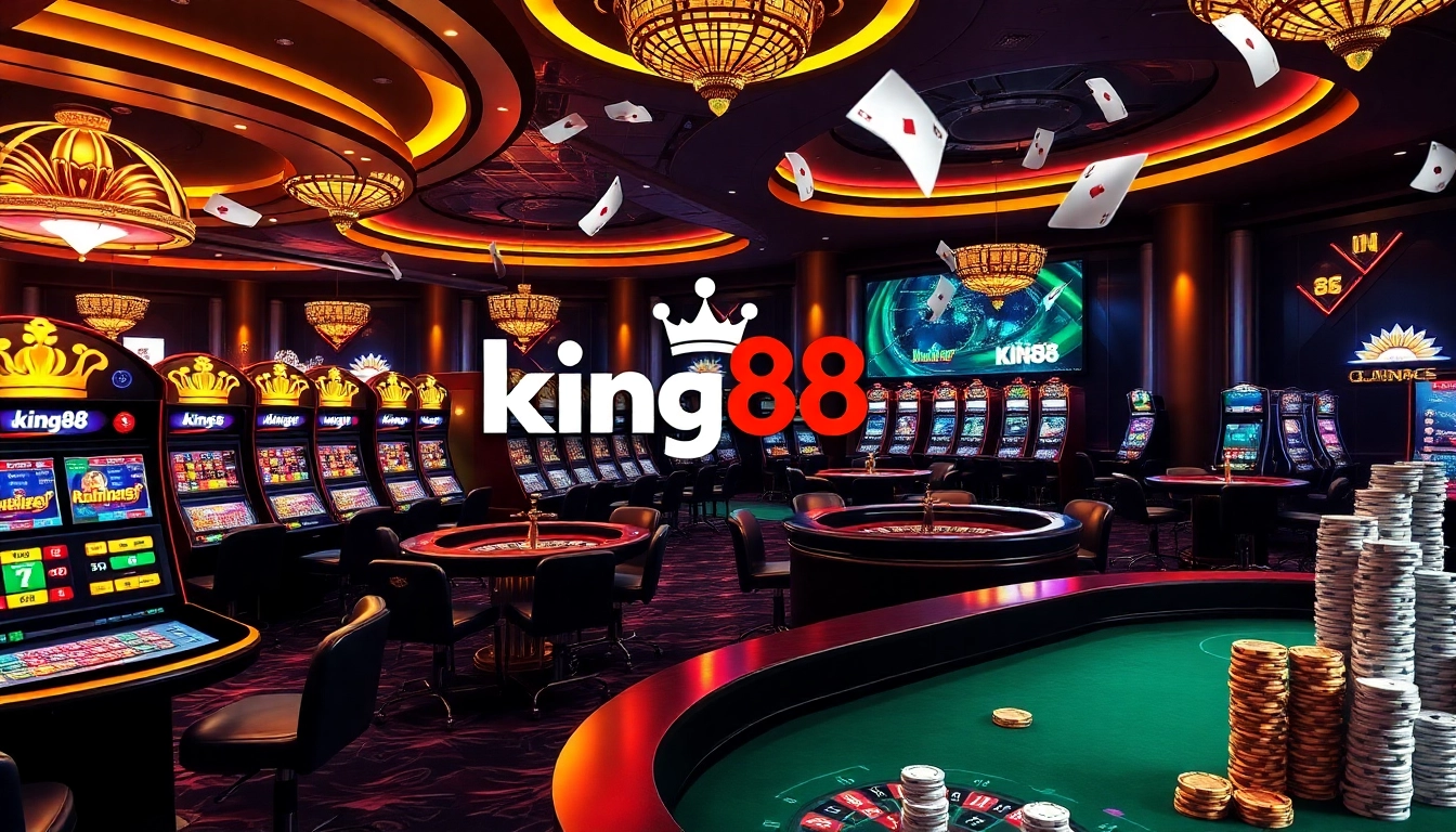 Experience king88's luxury casino scene with vibrant slot machines and exciting poker tables.