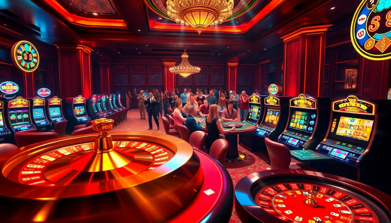Gambling enthusiasts celebrating their wins at the vibrant casino featuring https://13win01.app/ with poker tables and roulette wheels.