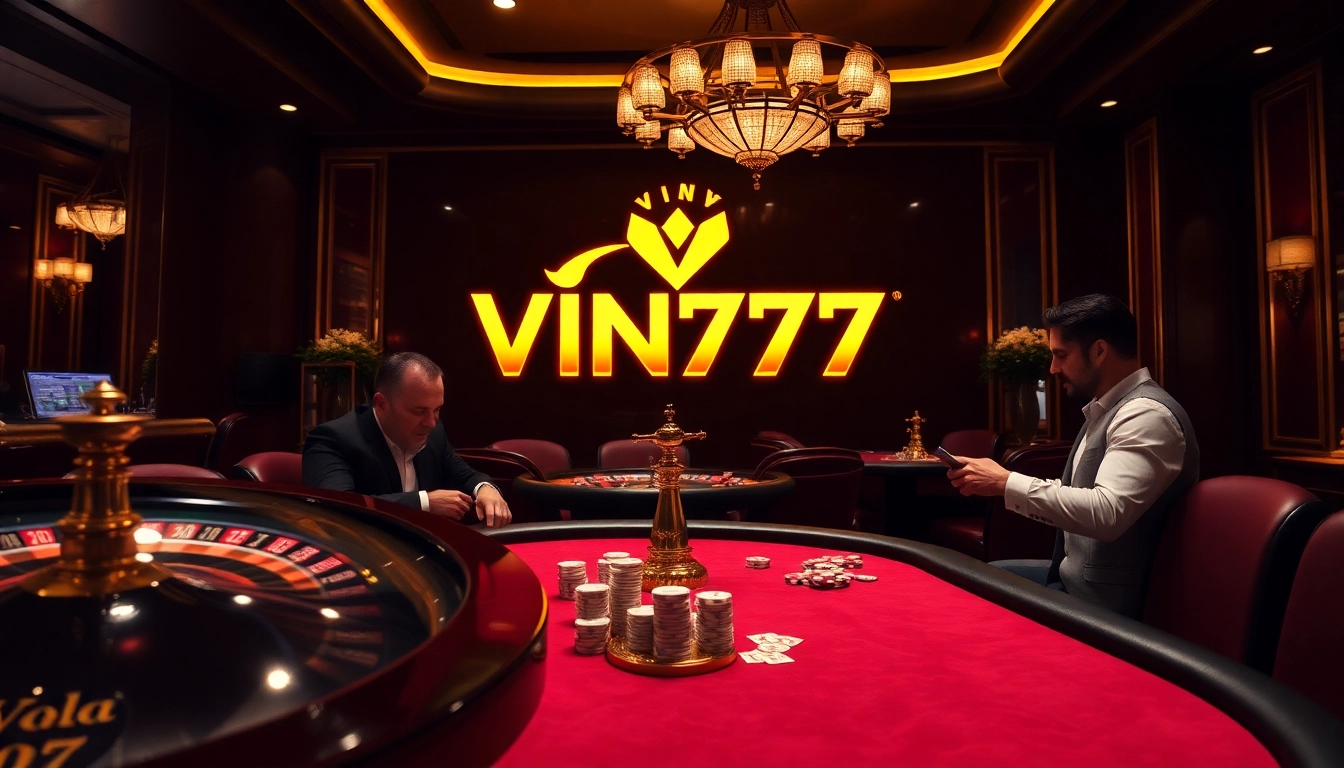 Engaged players in a luxurious Vin777 casino scene at a poker table.