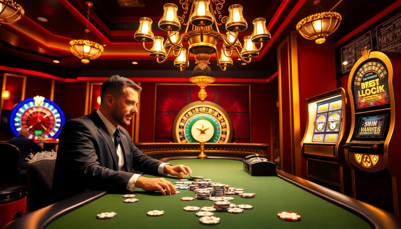 Luckywin poker player celebrating a win at a luxurious casino table with chips and cards.