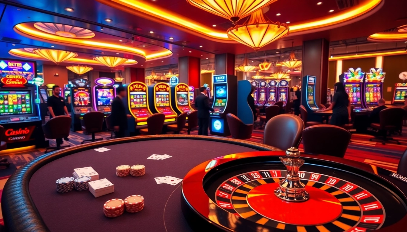 Engaging gamblers at a sophisticated RR88 casino with vibrant slot machines and poker tables.